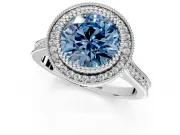 Halo Engagement Ring Setting for Fancy Blue Round Cut Center with Milgrain Frame, Pave Band and Prong Head in White Gold
