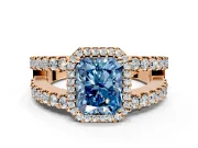 Halo Engagement Ring Setting for Fancy Blue Radiant Cut Center with Wide-Open Pave Split Shank and Prong Head in Rose Gold