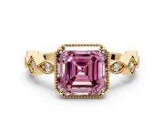 Milgrain Bezel Engagement Ring Setting for Fancy Pink Asscher Cut Center with Marquise Stations and Bezel Head in Yellow Gold