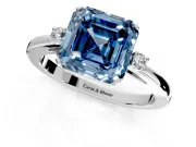 3 Stone Engagement Ring Setting for Fancy Blue Asscher Cut Center with Low-Set Round Cut Accents and Prong Head in Platinum