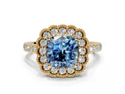 Milgrain Floral Halo Engagement Ring Setting for Fancy Blue Cushion Cut Center with Pave Band and Prong Head in Yellow Gold