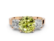 3 Stone Engagement Ring Setting for Fancy Yellow Round Cut Center with Matching Side Accents and Prong Head in Rose Gold