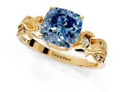 Leaf Engagement Ring Setting for Fancy Blue Cushion Cut Center with Milgrain Accent Band and Prong Head in Yellow Gold