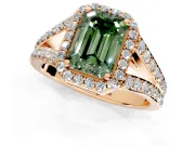 Halo Engagement Ring Setting for Fancy Green Emerald Cut Center with Narrow Pave Split Shank and Prong Head in Rose Gold