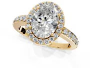 Halo Engagement Ring Setting for Oval Center with Heart-Shaped Openwork, Pave Band and Prong Head in Yellow Gold