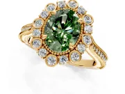 Milgrain Halo Engagement Ring Setting for Fancy Green Oval Center with Bezel Point Accents and Prong Head in Yellow Gold