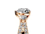 3 Stone Engagement Ring Setting for Heart-Shaped Center with Pave Split Shank and Prong Head in Rose Gold