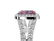 Halo Engagement Ring Setting for Fancy Pink Emerald Cut Center with Narrow Pave Split Shank and Prong Head in Platinum