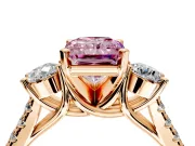 3 Stone Engagement Ring Setting for Fancy Pink Radiant Cut Center with Crossover Basket, Pave Band and Prong Head in Rose Gold