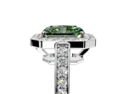 Bezel-Framed Halo Engagement Ring Setting for Fancy Green Radiant Cut Center with Pave Band and Prong Head in Platinum