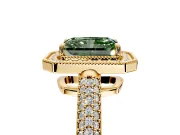 Milgrain Halo Engagement Ring Setting for Fancy Green Radiant Cut Center with Three-Sided Pave Band and Prong Head in Yellow Gold