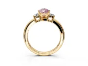 3 Stone Engagement Ring Setting for Fancy Pink Pear-Shaped Center with Wide Plain Band and Prong Head in Yellow Gold