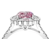 Milgrain Floral Halo Engagement Ring Setting for Fancy Pink Cushion Cut Center with Pave Band and Prong Head in White Gold