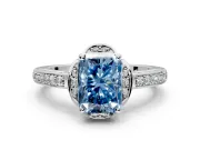 Floral Engagement Ring Setting for Fancy Blue Radiant Cut Center with Four Accent Clusters and Prong Head in Sterling Silver