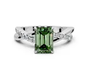 Crossover Engagement Ring Setting for Fancy Green Emerald Cut Center with Pave and Plain Strands and Prong Head in White Gold