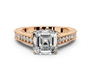 Solitaire Engagement Ring Setting for Asscher Cut Center with Engraved Pave Band and Prong Head in Rose Gold