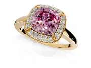 Halo Engagement Ring Setting for Fancy Pink Cushion Cut Center with Plain Tapered Band and Prong Head in Yellow Gold