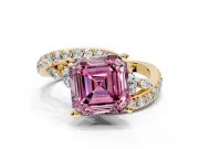Solitaire Engagement Ring Setting for Fancy Pink Asscher Cut Center with Pave Bypass Twist Band and Prong Head in Yellow Gold