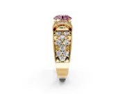 Pave Engagement Ring Setting for Fancy Pink Round Cut Center with Curved Accent Rows, Openwork and Prong Head in Yellow Gold