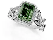 Halo Engagement Ring Setting for Fancy Green Emerald Cut Center with Leaf Motif Split Shank and Prong Head in Platinum