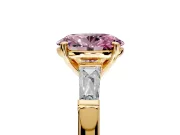 3 Stone Engagement Ring Setting for Fancy Pink Oval Center with Tapered Baguettes, Plain Band and Prong Head in Yellow Gold