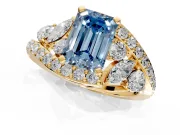 Halo Engagement Ring Setting for Fancy Blue Emerald Cut Center with Marquise and Pave Bypass Band and Prong Head in Yellow Gold
