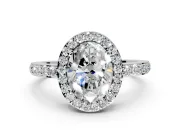 Halo Engagement Ring Setting for Oval Center with Heart-Shaped Openwork, Pave Band and Prong Head in White Gold