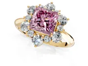 Small-Accent Cluster Halo Engagement Ring Setting for Fancy Pink Princess Cut Center with Plain Band and Prong Head in Yellow Gold