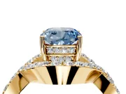 Halo Engagement Ring Setting for Fancy Blue Cushion Cut Center with Pave Infinity Twist Band and Prong Head in Yellow Gold