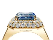 Halo Engagement Ring Setting for Fancy Blue Asscher Cut Center with Plain Tapered Band and Prong Head in Yellow Gold
