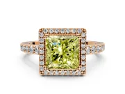 Halo Engagement Ring Setting for Fancy Yellow Princess Cut Center with Inner Milgrain Border and Prong Head in Rose Gold