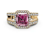 Halo Engagement Ring Setting for Fancy Pink Asscher Cut Center with Wide-Open Pave Split Shank and Prong Head in Yellow Gold