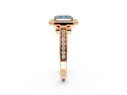 Halo Engagement Ring Setting for Fancy Blue Radiant Cut Center with Outer Bezel Rim, Pave Band and Prong Head in Rose Gold