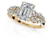 Cluster Engagement Ring Setting for Emerald Cut Center with 2-Row Shoulder Clusters and Prong Head in Yellow Gold