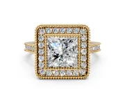 Halo Engagement Ring Setting for Princess Cut Center with Milgrain Frame, Pave Band and Prong Head in Yellow Gold
