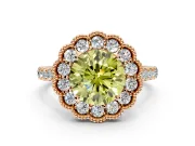 Milgrain Floral Halo Engagement Ring Setting for Fancy Yellow Round Cut Center with Pave Band and Prong Head in Rose Gold