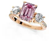 3 Stone Engagement Ring Setting for Fancy Pink Emerald Cut Center with Crossover Basket, Pave Band and Prong Head in Rose Gold