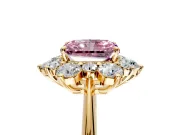 Small-Accent Cluster Halo Engagement Ring Setting for Fancy Pink Radiant Cut Center with Plain Band and Prong Head in Yellow Gold