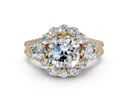 Halo Engagement Ring Setting for Cushion Cut Center with Two-Strand Split Shank and Prong Head in Yellow Gold