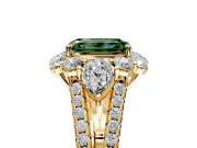 Halo Engagement Ring Setting for Fancy Green Emerald Cut Center with Two-Strand Split Shank and Prong Head in Yellow Gold