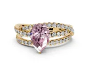 Solitaire Engagement Ring Setting for Fancy Pink Pear-Shaped Center with Woven 3-Strand Pave Band and Prong Head in Yellow Gold
