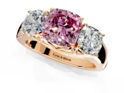3 Stone Engagement Ring Setting for Fancy Pink Cushion Cut Center with Raised Basket Heads and Prong Head in Rose Gold