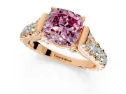 Solitaire Engagement Ring Setting for Fancy Pink Cushion Cut Center with Pave Cathedral Shoulders and Prong Head in Rose Gold
