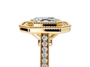 Halo Engagement Ring Setting for Asscher Cut Center with Milgrain Frame, Pave Band and Prong Head in Yellow Gold