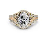 Halo Engagement Ring Setting for Oval Center with Narrow Pave Split Shank and Prong Head in Yellow Gold