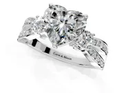 3 Stone Engagement Ring Setting for Heart-Shaped Center with Pave Twist Band and Prong Head in White Gold