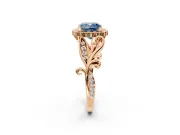 Halo Engagement Ring Setting for Fancy Blue Cushion Cut Center with Leaf Motif Split Shank and Prong Head in Rose Gold