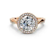 Halo Engagement Ring Setting for Round Cut Center with Twist Band and Prong Head in Rose Gold
