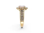 Large Accent Halo Engagement Ring Setting for Fancy Pink Emerald Cut Center with Pave Split Shank and Prong Head in Yellow Gold