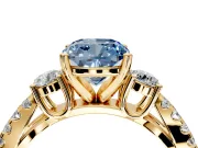 3 Stone Engagement Ring Setting for Fancy Blue Cushion Cut Center with Pave Split Shank and Prong Head in Yellow Gold